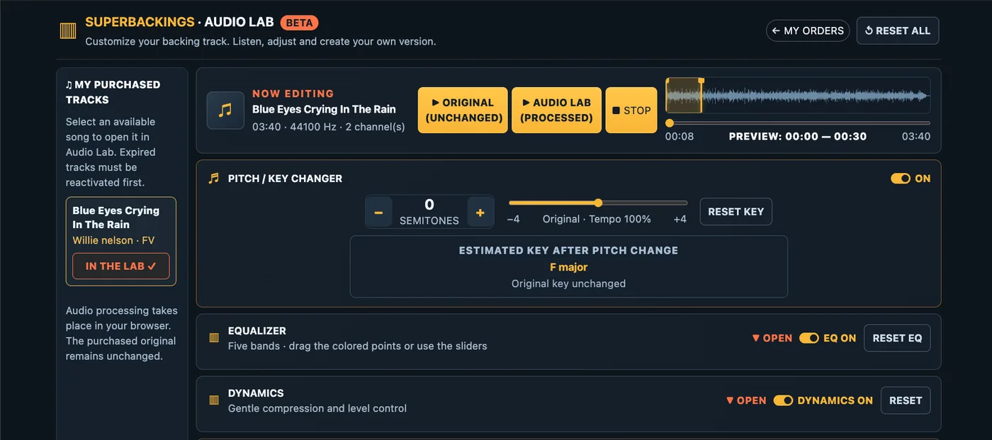 Actual Audio Lab interface showing purchased tracks, waveform preview, pitch adjustment, Equalizer and Dynamics