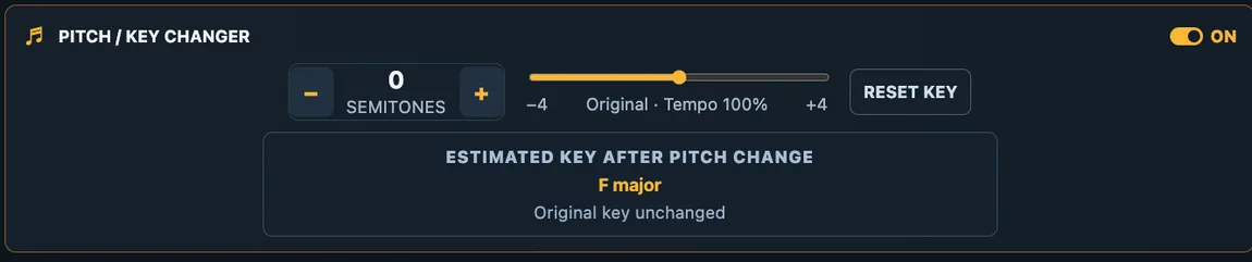 Actual Superbackings Audio Lab pitch shifter controls for transposing a backing track while retaining tempo
