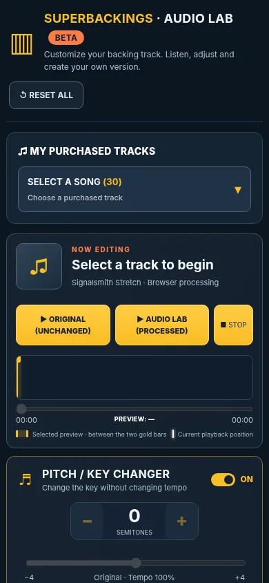 Audio Lab on a mobile screen with a compact purchased-tracks selector and pitch controls