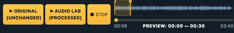 Original and processed preview buttons and waveform in Superbackings Audio Lab