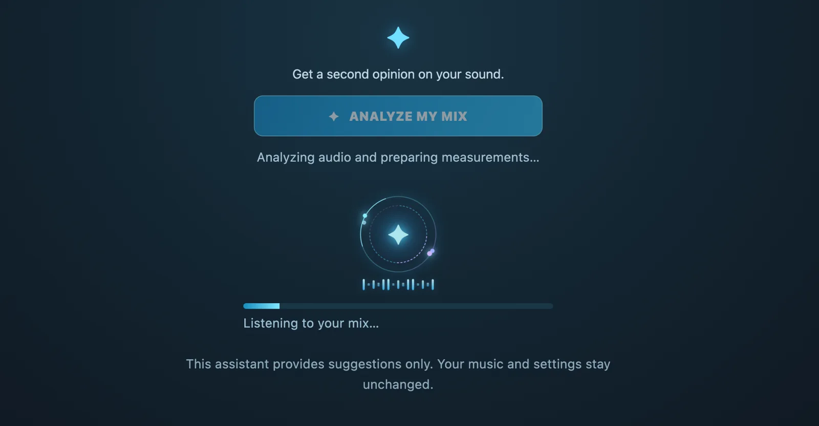 Real Nico Studio AI Mix Assistant analysing audio and preparing mix measurements in Mastering Suite