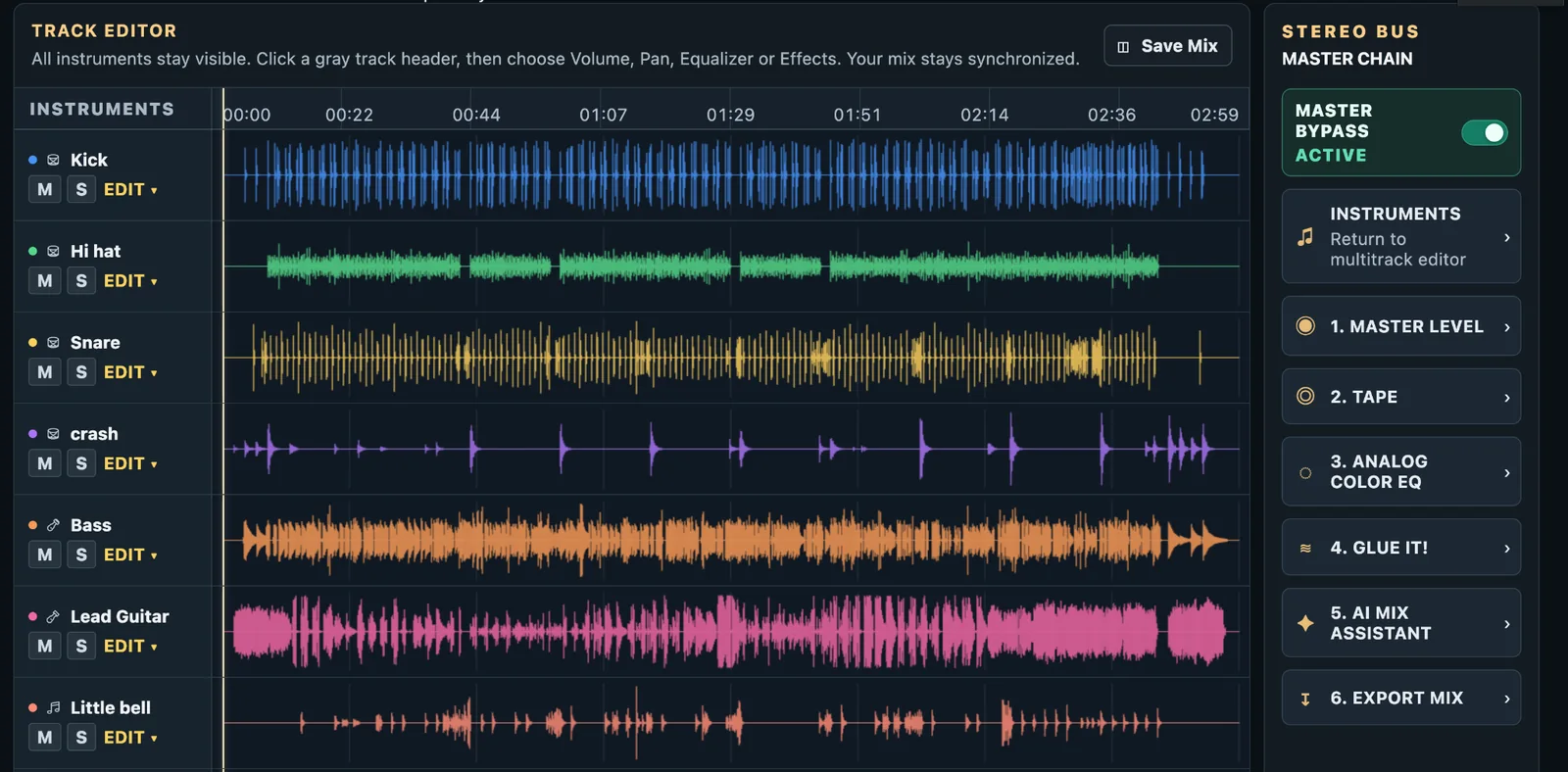 Real Nico Studio Mastering Suite multitrack editor showing individual waveforms for drums, bass, guitar and other stems, plus the stereo master chain